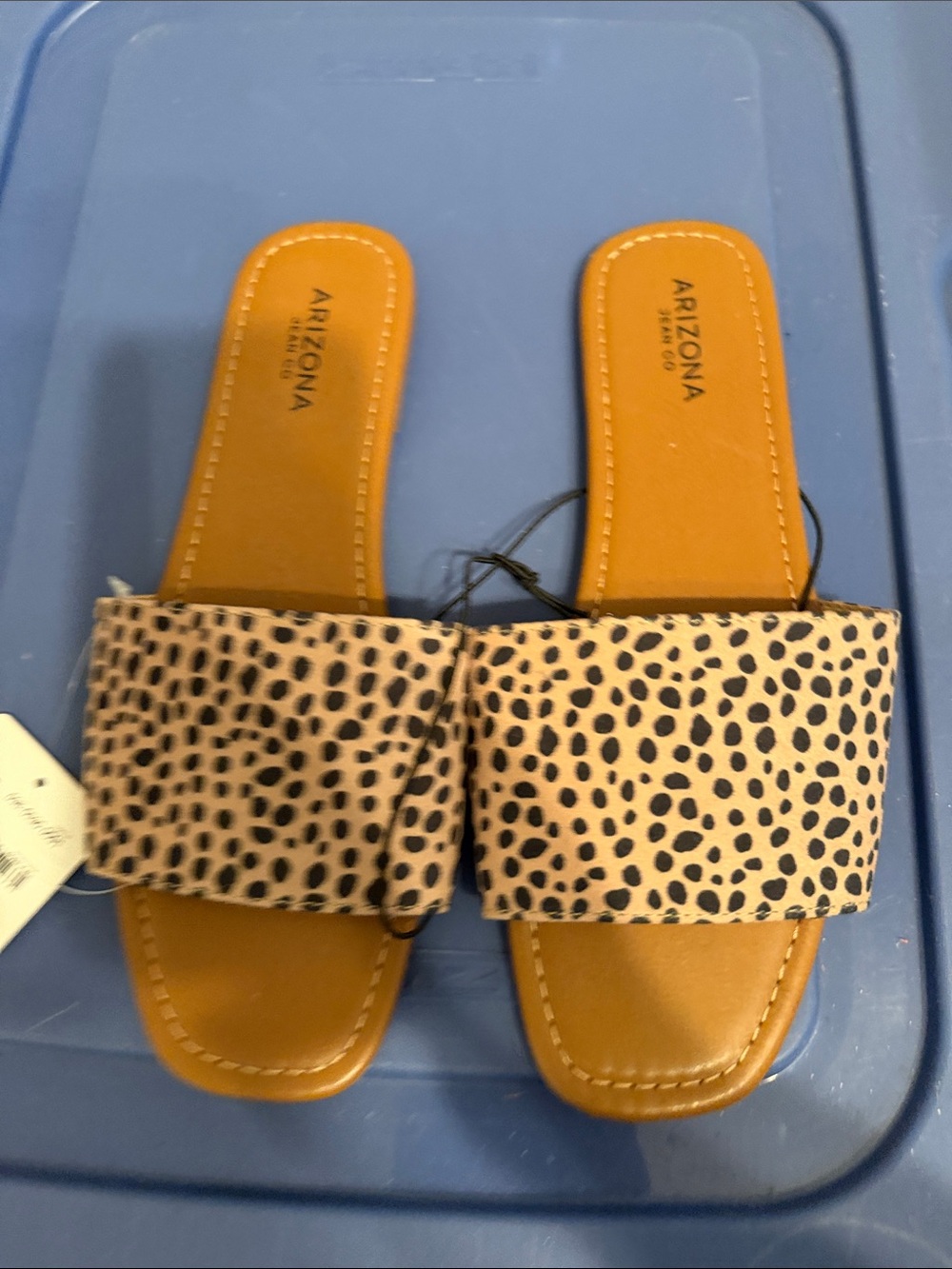 Arizona Jean Company Tan Slide Sandals with Black Spot Print
